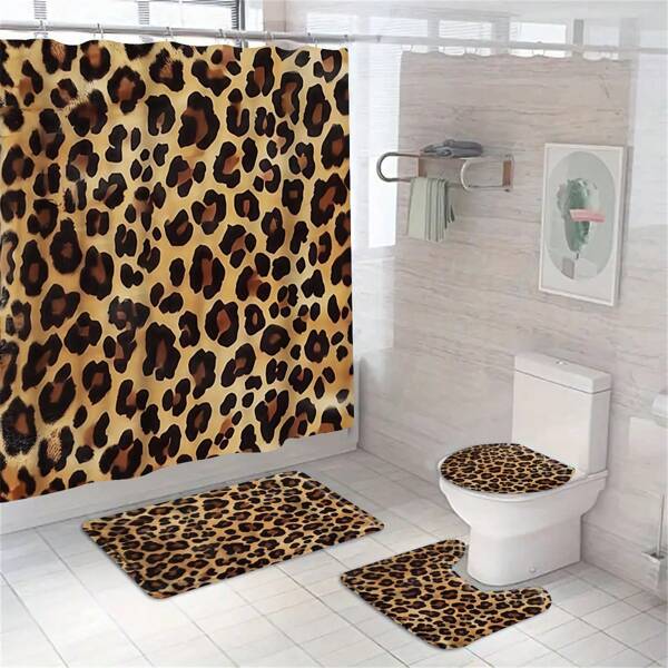 1pc/4pcs Leopard Print Bathroom Curtain Set, Includes Shower Curtain, Bath Mat, Toilet Seat Cover, U-Shaped Non-Slip Mat, Waterproof Shower Liner, Bathroom Decor Set, Home Accessory, Comes With 12 C-Shape Hooks