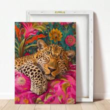 1pc, Canvas Hanging Picture, Framed, Vibrant Lion And Leopard Canvas Poster, Modern Art Wall Decor With Floral And Animal Patterns For Living Room, Bedroom, Bathroom, Home Office - Stylish Interior Home Decor, Room Decor