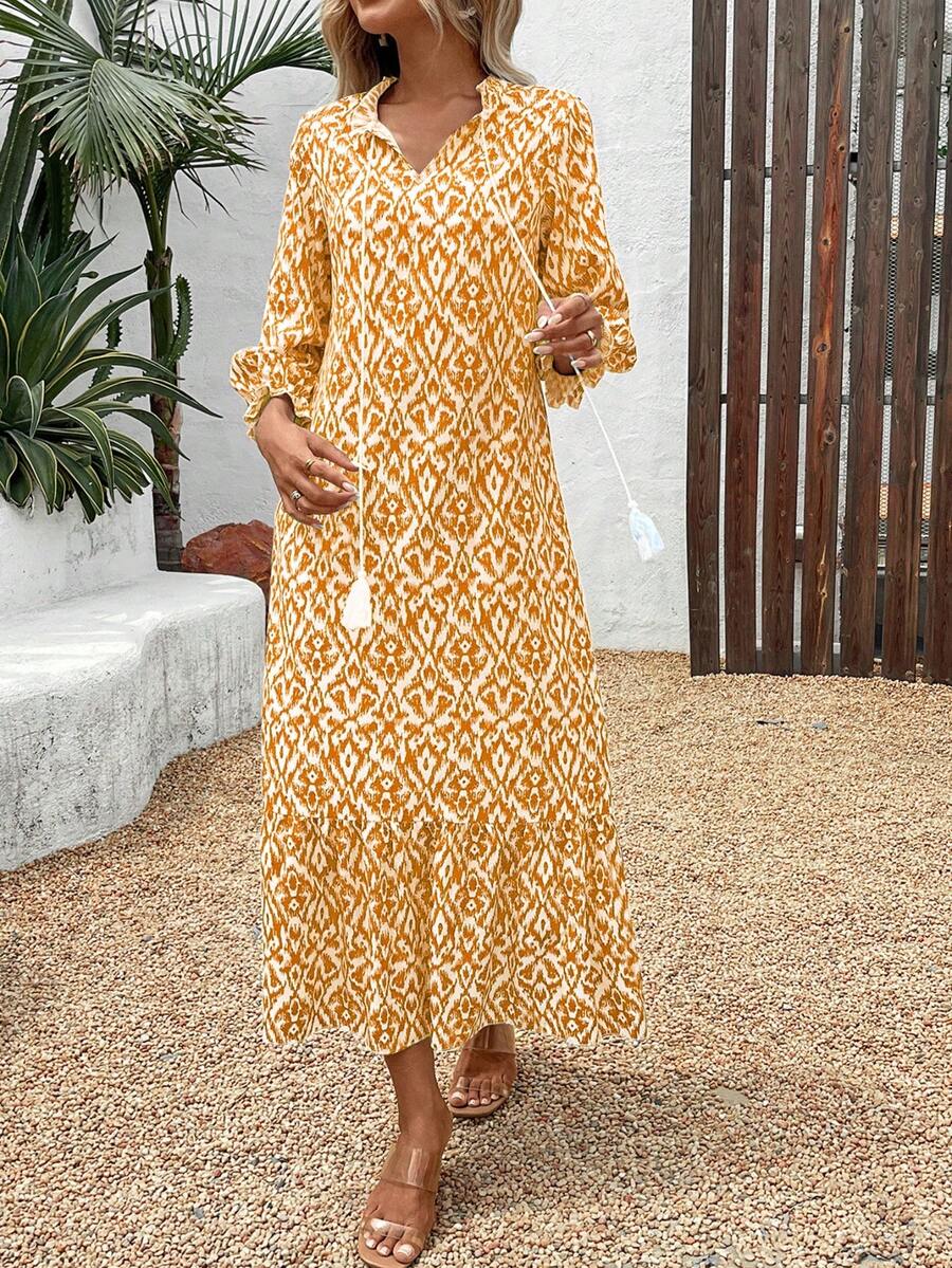 女士 V 领灯笼袖花卉印花长袖连衣裙 - 橘色 - 查看 1