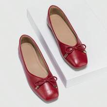 Square Toe Flats Casual Women Shoes, Comfortable Versatile Bowknot Decor