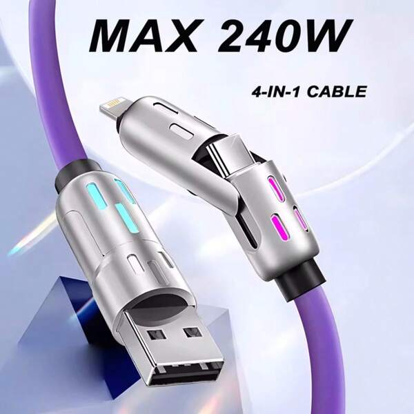 4-In-1 Multifunctional 240W Super-Fast Charging USB A/Type-C/Lightning Cable, Liquid Silicone Aluminum Alloy LED Illumination, High-Efficiency Data Transfer, Compatible With IPhone 16/15/14/13/12/11/Xs/Xr/8/7/6, S24 Ultra/S24/S23 Ultra/S23/S22/S21, Compatible With IPhone 16, 16 Pro Max, 15, 15 Plus, 15 Pro, 15 Pro Max,Compatible With Redmi, Compatible With OnePlus Type C, Charger