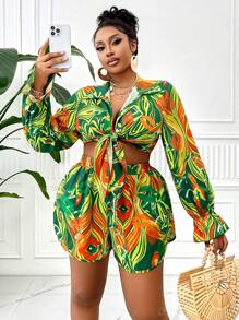 Conjunto de 2 piezas de top corto de manga larga con escote en V profundo y atadura en el frente, estampado tropical colorido, y shorts, para mujer talla grande, conjunto informal para vacaciones
