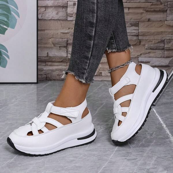 Nuevas sandalias con plataforma para mujer para el verano - Diseño hueco y transpirable, plataforma de suela gruesa, ligeras y cómodas, cierre de gancho y bucle ajustable, punta cerrada, parte superior sintética de alta calidad - Negro y Blanco, aptas para ocasiones casuales y formales, sandalias encantadoras