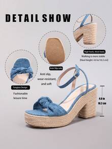 Rope Platform Wedge Heeled Sandals, Twist Open Toe, Summer Vacation Casual High Heel Waterproof Slip-On Slides, Daily Fashion Women Shoes - Blue - View 3