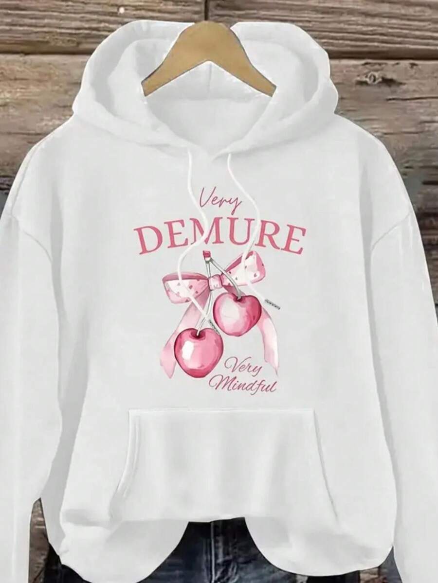 Women's Printed  Sweatshirt With Hood And Pocket, Winter Fashion, Flannel Cotton Sweatshirt - 白色 - 查看 1
