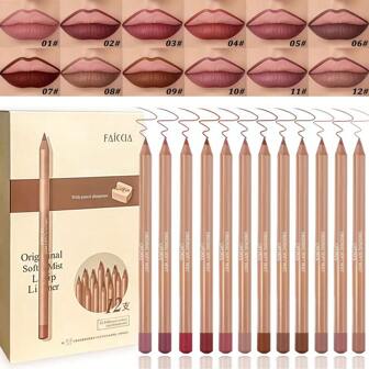 FAICCIA 原装柔软哑光唇线笔，丝绒哑光，低饱和度，防水，持久，勾勒唇形，含卷笔刀，彩妆化妆品，单支或套装，适合初学者、学生、生日/情人节礼物、派对、音乐节、演出