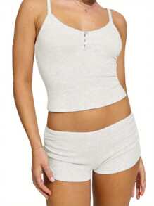 Women Pajama Set Solid Scoop Neck Crop Cami Top Low Rise Mini Shorts 2 Piece Sleepwear Outfit