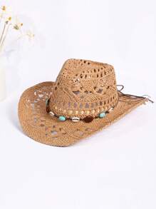 1 Peça Chapéu do Panamá Boêmio de Cor Sólida com Contas e Recortes, Chapéu de Sol Decorativo Casual com Proteção UV, Moda Combinável para Atividades ao Ar Livre, Todas as Estações