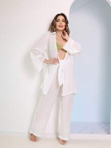 Women's Beachwear Set, Long Sleeve Coat And Simple Casual Pants - trắng - Xem 2