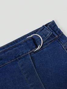 All Season Solid Color Casual Elasticated Zip Multi-Pocket Asymmetric Hem Culottes - Dark Wash - View 3