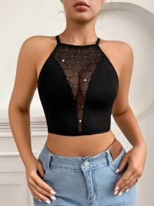 Sexy Sheer Contrast Mesh Wire-Free Bra For Women, Crossback Design & Flocked Pattern