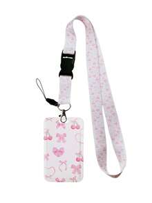 1 件 INS 风格粉色蝴蝶结樱桃和心形蝴蝶结图案挂绳卡夹，钥匙扣硬壳身份证夹，适用于公交卡、身份证、工作卡、学生证、会议卡、派对徽章学校用品，返校 - 彩色 - 查看 16