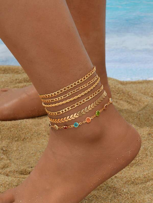 6pcs Vintage Elegant Bohemian Style Metal Multi-Element Colorful Zirconia Chain Anklet Set, Unique Fashion Layering Ankle Jewelry For Men & Women, Suitable For Summer Beach Party, Dating, Daily Wear