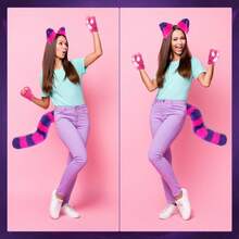 Rose Pink And Purple Striped Cat Costume 5-Piece Set, Including Cat Ears, Striped Gloves And Leg Socks, Heart Collar, Furry Tail, Prom Party Dress Up Cos Suit
