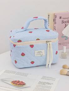 Cute Blue Strawberry Pattern Cosmetics Storage Bag With Quilted Design Fashionable Travel Toiletry Bag With Ribbon Cute Children's Make Up Bag With Zipper Large Capacity Makeup Pouch Portable Daily Organizer Bag Good Idea For Back To School Gift, Children's Day Gift, Graduation Gift, Birthday Gift For Daughters, Sisters, Friends, Classmates, Roommates Birthday Gifts For Girl Back To School Gifts - Blue - View 15