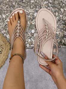 Giày sandal đế bằng bằng da PU có dây thun đính hạt cho nữ, thời trang Bohemian, tiệc tùng ngoài trời, bãi biển, mùa hè - Rượu sâm banh - Xem 9