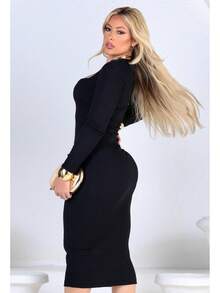 Ribbed Midi Dress With Long Sleeves And Neckline