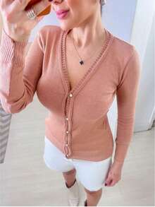 Plain Knit Coat With Elastane Buttons Beautiful Fashion Super Shipping! - 卡其色 - 查看 2