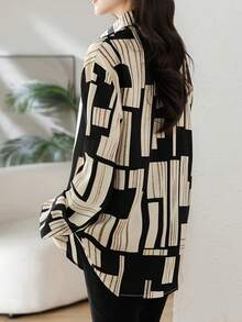 Plus Size Women Long Sleeve Single-Breasted Fashion Geometric Pattern Button Shirt Spring - Multicolor - View 3