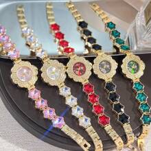 1 pièce Montre-bracelet à cristaux scintillants et cloutée d'étoiles pour femmes, boîtier floral en alliage, montre à quartz haut de gamme de petite taille