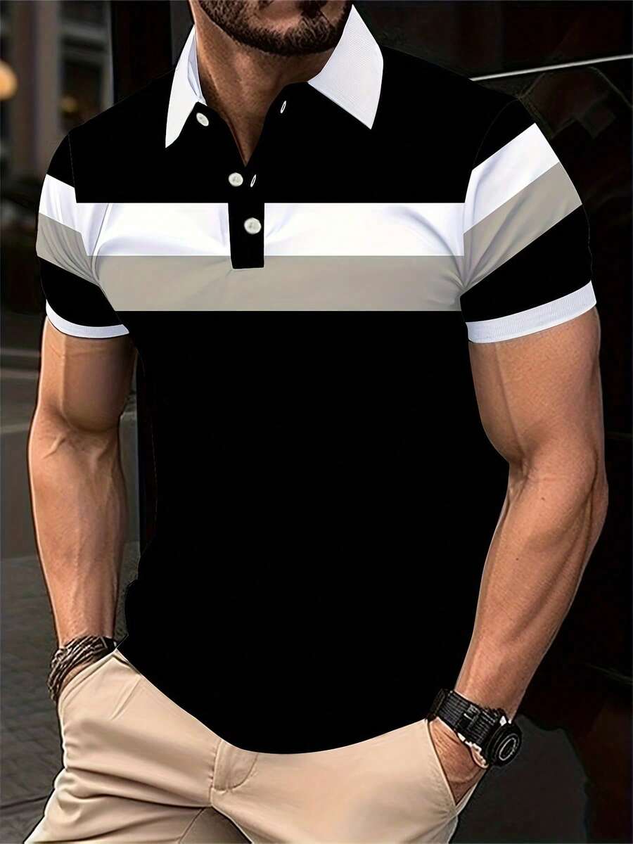 Men's Short-Sleeved Button-Down Shirt With Colorful Print, Ideal For Everyday Summer Wear - Đen và trắng - Xem 1