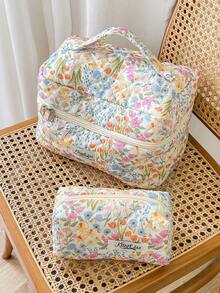 1个彩色花卉绗缝化妆包，多功能收纳袋，女孩化妆包，护肤可爱化妆包 - 彩色 - 查看 13