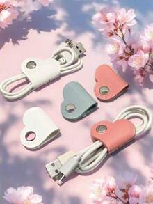 时尚心形皮革线缆整理器 - 多种颜色可选，便携防丢设计，完美兼容手机数据线和耳机线 - 彩色 - 查看 1