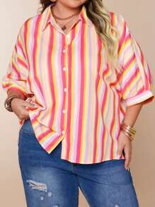 Casual Striped Shirt, Classic Single-Breasted, Drop Shoulder, Turn-Down Collar, Side Split Hem, Loose Fit, Summer Apparel, Plus Size Women