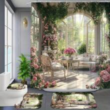 4pcs/Set Sunny Afternoon Tea Room Pattern High Quality Shower Curtain With 12pcs Plastic Hooks, Bathroom Anti-Slip Mat, Toilet U-Shaped Mat, Lid Cover, Modern Home Decor Bathroom Accessories Back To School