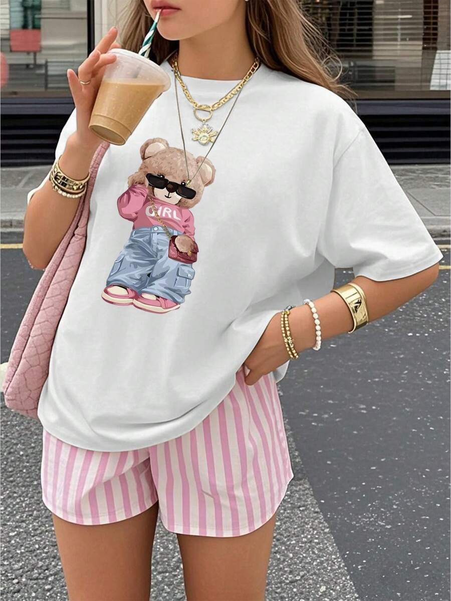 1 Pack Girls Casual Printed Crew Neck Short Sleeve T-Shirt Summer Student Youth Clothing - 白色 - 查看 1