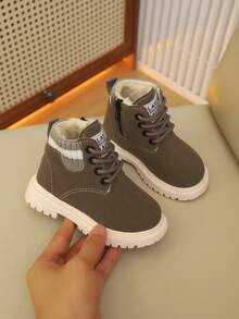 儿童靴子冬季新款复古时尚简约保暖靴系带侧拉链设计雪地靴防风防寒靴 - 灰色 - 查看 3