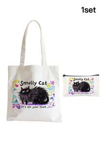 1pc Fashion "Smelly Cat" Printed Canvas Women's Handbag Shoulder Bag Tote Bag - Large Single Shoulder Handbag With Fixed Strap, Perfect For Shopping, Beach, Work, Travel, Fitness, Grocery And Outdoor Activities, Beach Tote Bag | Playful Printed Tote Bag | Sturdy Handle Handbag, Back To School Gift, Graduation Gift, Birthday Gift, Thanksgiving Gift, Teacher Gift, Christmas Gift, New Year Gift, First Choice Gift, Washable And Reusable
