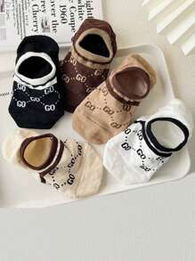 5 Pairs Women's Stripe & Letter Printed French Style Luxury Casual Boat Socks