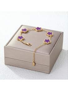 1pc Colorful Shell Inlaid Clover Charm Flower Chain Bracelet, Fashionable & Elegant For Women & Girls