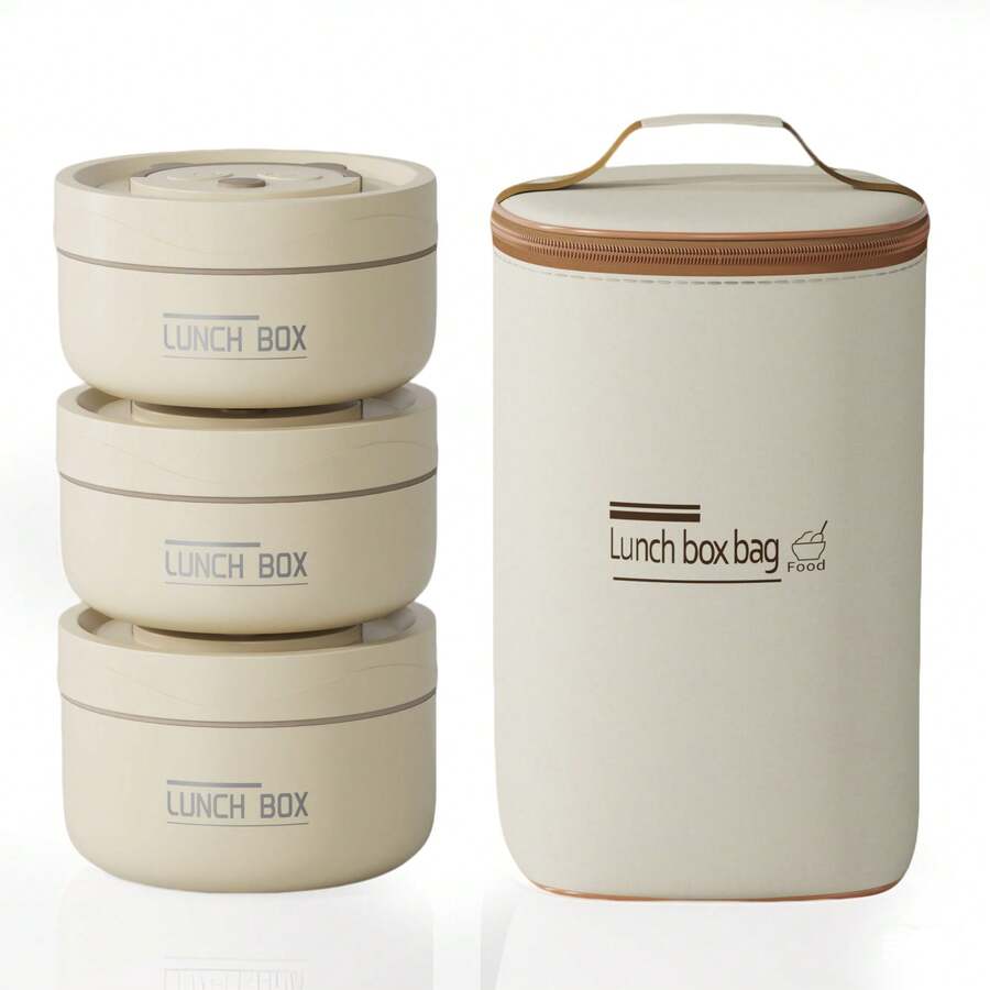 3 Pcs Beige Stainless Steel Insulated Bento Box, Portable, Microwave , Stackable & Leakproof, With Insulated Bag - trắng - Xem 1