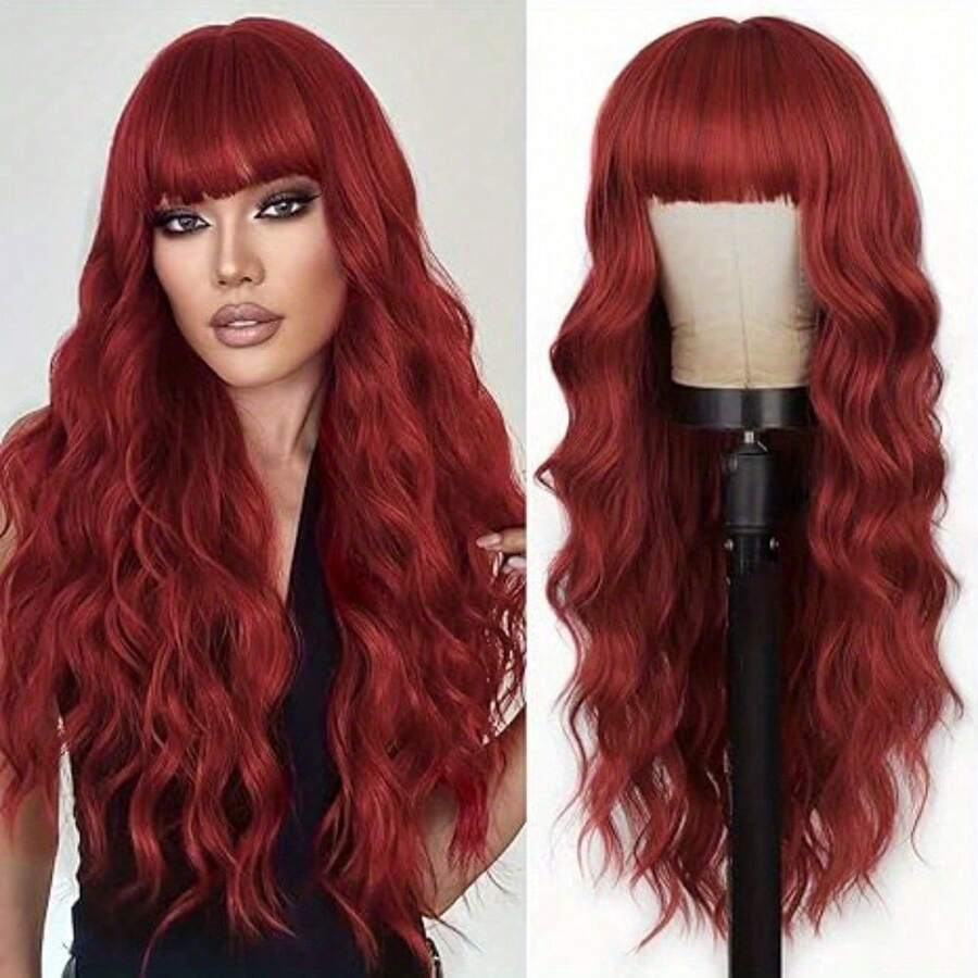 26inch Wine Red Wavy Long Hair With Bangs; Elegant And Noble; Soft Hair Quality; Mother's Day Gift And Party Event