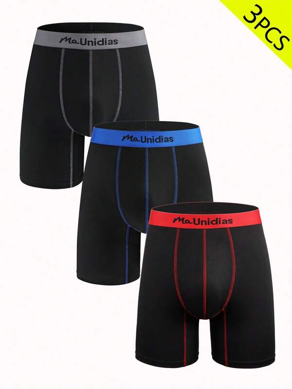 3 قطع/عبوة سراويل داخلية رجالية متوسطة الارتفاع مع شعار على الخصر، متوسطة الطول، من قماش مُحبك