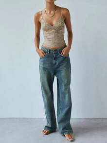 Women Y2k Lace Trim Cami Top Spaghetti Strap Sleeveless V Neck Camisole Crop Top Summer Slim Fit Backless Tank Tops Going Out Outfits Streetwear - 棕色 - 查看 4