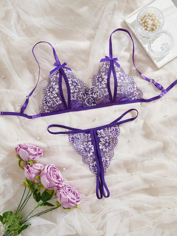 Ditsy Floral Lace Underwear Set, Wireless Bra With Bow & Open Crotch Panty, Women Sexy Lingerie & Panty, Intimate Apparel