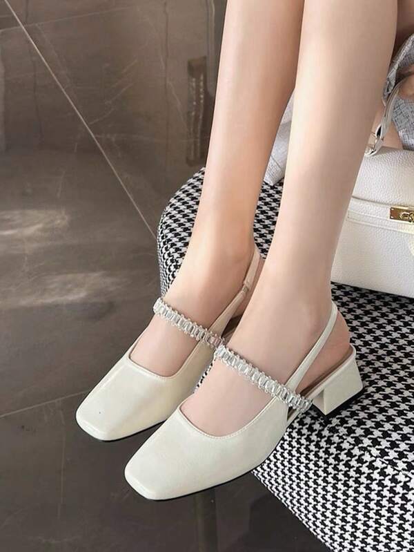 Women's Champagne Rhinestone Strap Closed Toe Sandals, Elegant Mary Jane Shoes Matched With Dress, Comfortable Low Heel, Stylish Pearl Decor, Summer 2025 New Arrival