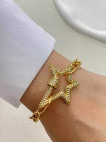 STYLEVER 1 PC Gold Five Pointed Starburst Bracelet, Set With Diamonds, Stainless Steel Chain, Suitable For Holiday Gifts, Exquisite Matching - Yellow Gold - View 12