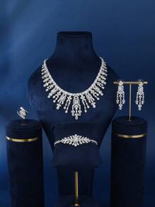 4pcs Set Silver Fashional Cubic Zirconia Necklace Earrings Bracelet Open Ring, Elegant For Ladies Everyday Wear