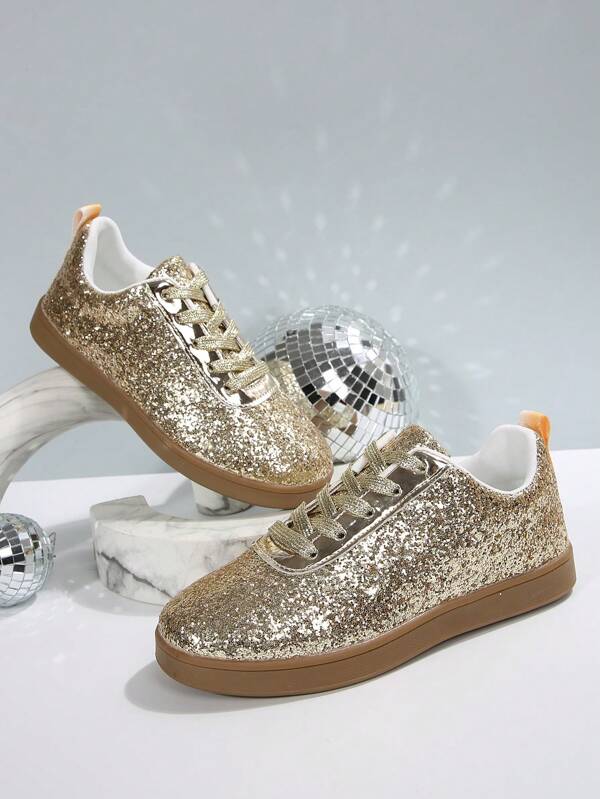 New Women Casual Sneakers, Sparkly Glitter Round Toe Lace Up Comfortable Flat Ladies Fashion Versatile Athletic Shoes
