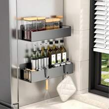 4 piezas de estantes magnéticos de metal para especias y almacenamiento, adecuados para refrigerador, horno y lavadora, organizador de almacenamiento negro para refrigerador