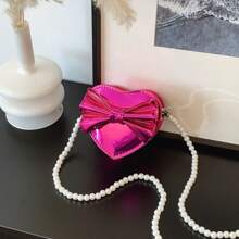 Holographic Pearl Strap Crossbody Bag With Bow & Heart Design, Girls Shoulder Bag