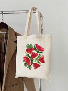 西瓜印花涤纶手提包 - 休闲风格，轻便，开放式封口，固定肩带，可手洗，印花设计的日常通勤单肩包，大容量旅行收纳袋