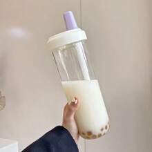 Botella de agua de plástico con pajita paraé de la leche y perlas, 500/850ml, con cubierta para taza, tazas de café con burbujas, vasos de gran capacidad a prueba de caídas EGVX - 850 ml blanco - Ver 4
