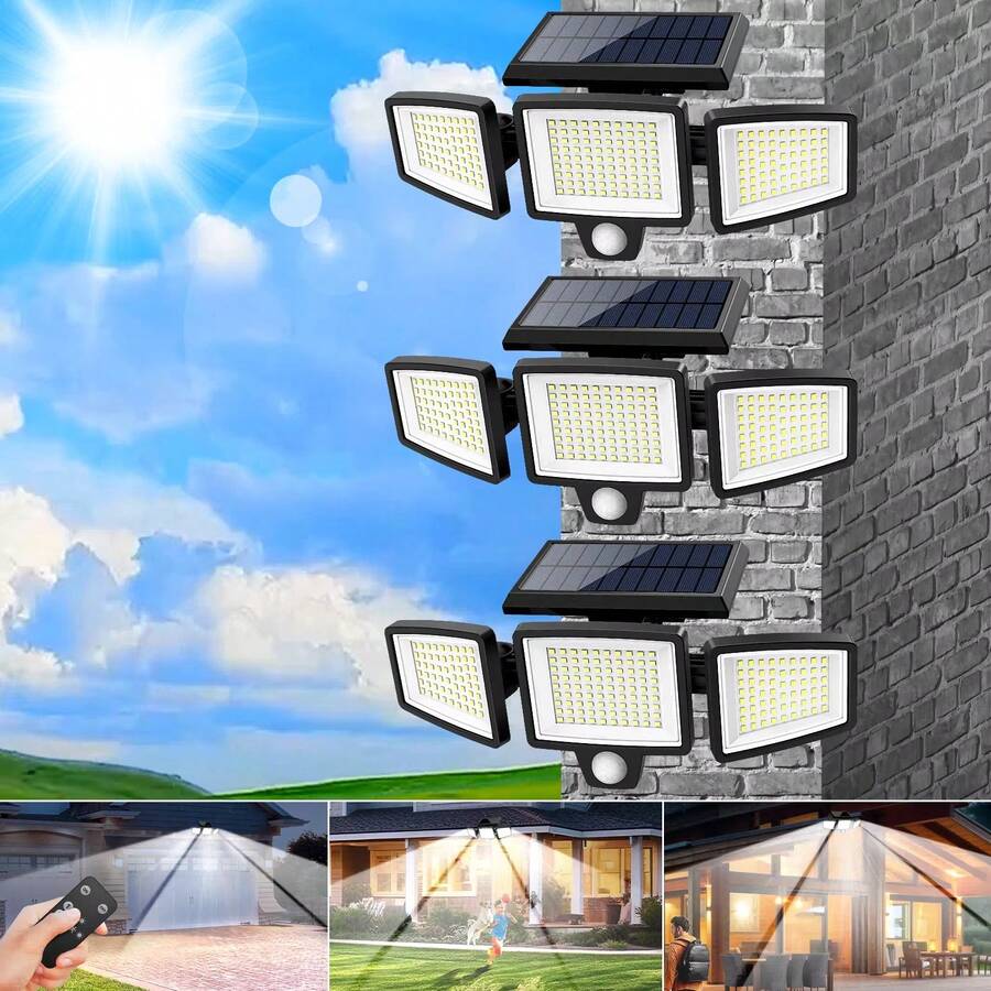 1/2/3/4 Pcs Solar Outdoor Lights 2500LM 210 Led Security Lights With Remote Control, Ip65 Waterproof,3 Heads Motion Sensor Lights,1400 Mah,270° Wide Angle Flood Wall Lights With 3 Modes,For Garden Patio Garage Yard Entryways,Mother'S Day Gift - 3 PCS - 查看 1