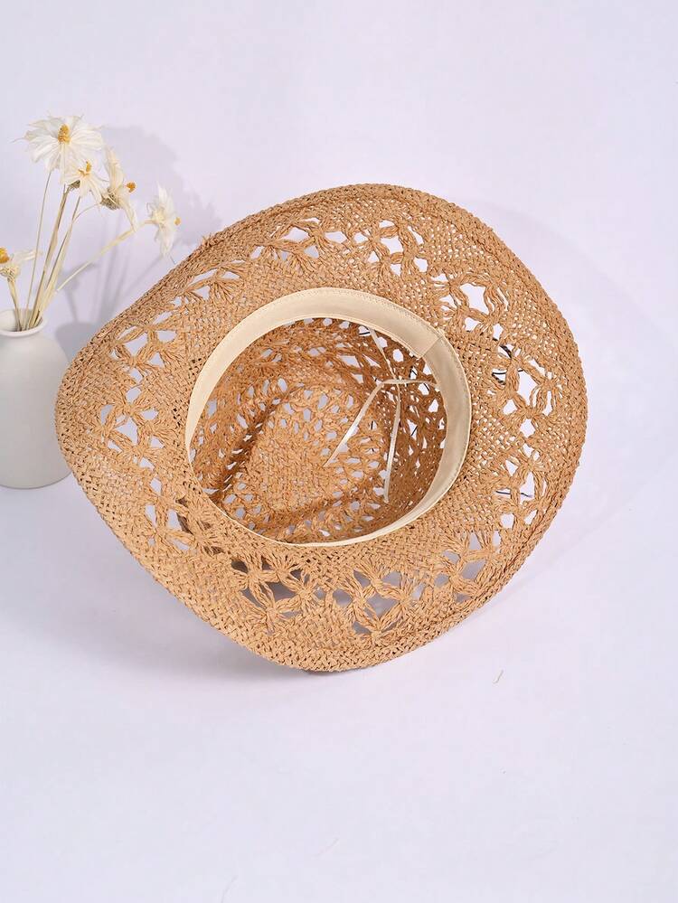 1 Peça Chapéu do Panamá Decorativo Tecido, Proteção UV, Sólido, Boêmio, Casual, Contas, Pedras Preciosas, Vazado, Versátil e Elegante para Todas as Estações - chapéu de palha panamá - Visão 8