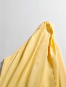 Elegante Vestido de un hombro sin mangas en unicolor con dobladillo de abertura alta para ocasión formal - Amarillo - Ver 6